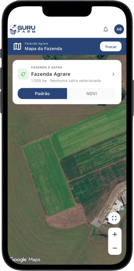Mapa da fazenda com talhões no aplicativo GURU FARM
