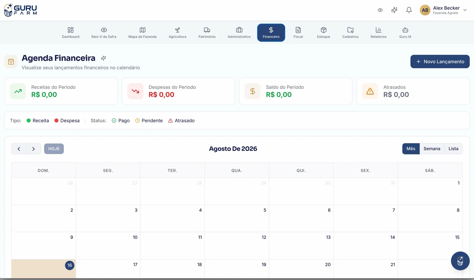 Agenda financeira do GURU FARM com receitas, despesas, saldo do período e calendário de lançamentos